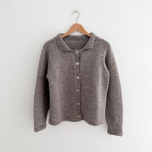 Hand Knit Taupe Cardigan Sweater Button Front Chunky Wool Knit Size S/M